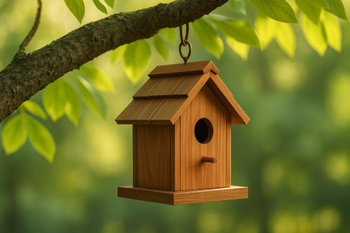 A handcrafted wooden birdhouse hanging from a tree branch in soft morning sunlight, surrounded by green leaves in a calm backyard setting.