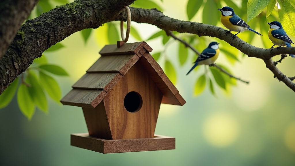 A classic wooden birdhouse hanging on a tree branch surrounded by green leaves and birds.