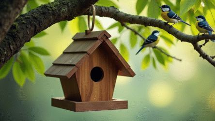 Birdhouse with birds hanging from a tree
