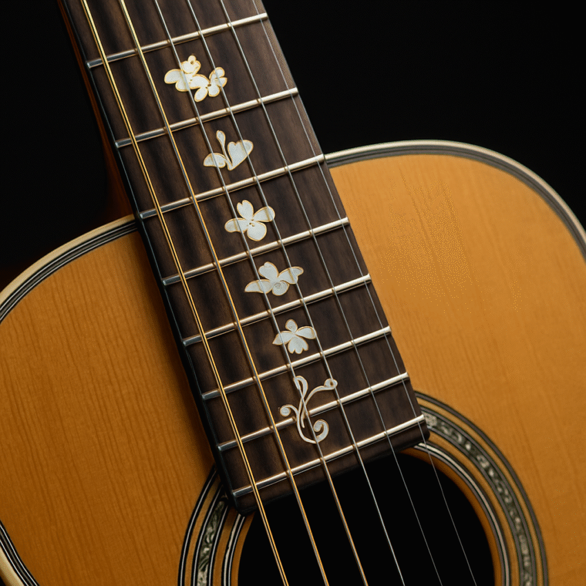 close-up of acoustic guitar fretboard with intricate mother-of-pearl floral inlays on dark wood neck, golden body visible with detailed rosette
