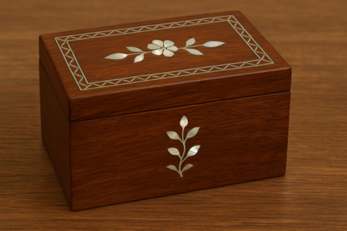 wooden box with floral mother-of-pearl inlay on the lid and front, polished surface, handcrafted design
