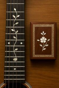 Close-up of a guitar fretboard showcasing a flowing vine-style mother-of-pearl inlay, displayed beside a small wooden box with matching inlay work