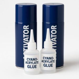 Studio-style photo of two blue activator spray cans and two clear cyanoacrylate glue bottles arranged on a white background.