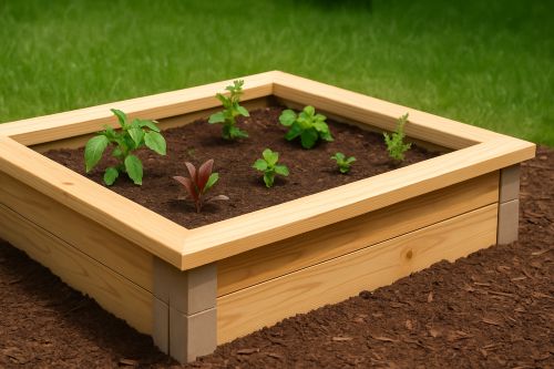 A square raised wood planter box built with lumber and corner blocks, filled with soil and young vegetable plants in a backyard garden.