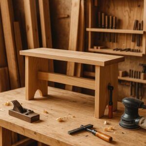 Partially completed wooden bench on a workbench surrounded by chisels, hand tools, and warm workshop lighting.
