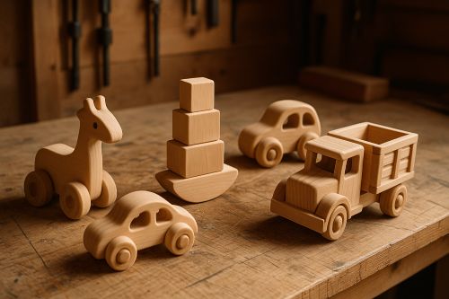 A set of simple wooden toys—including cars, a truck, a giraffe pull toy, and a stacking rocker—spread out on a woodworking bench in a shop.