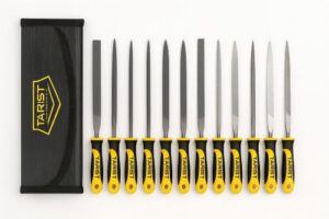 TARIST 12-piece needle file set used for shaping small wood inlay pieces and cleaning recess edges, arranged neatly with tool bag on a white background