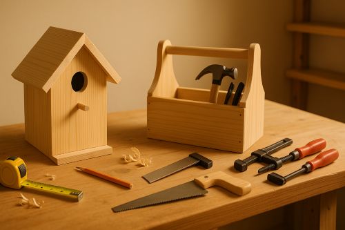 A warm, inviting woodworking workbench with a simple wooden birdhouse, a small wooden tool caddy, and basic tools like a tape measure, pencil, clamps, and hand saw arranged neatly under soft side lighting.