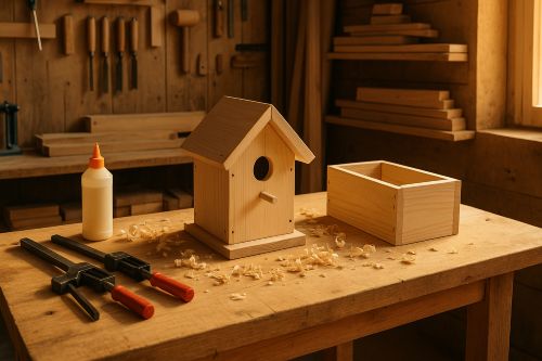 Woodworking workbench with a partially built birdhouse, wood glue, clamps, and wood shavings in warm golden workshop lighting.