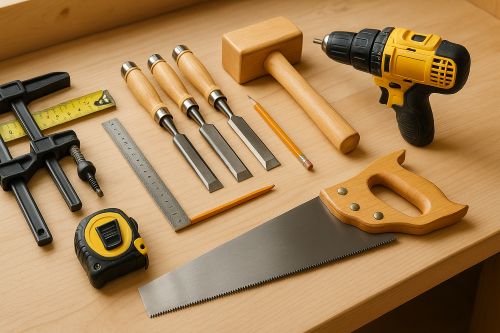 A neatly arranged set of essential woodworking tools on a light wood workbench, including clamps, chisels, a mallet, tape measure, hand saw, ruler, pencil, and cordless drill under warm natural light.