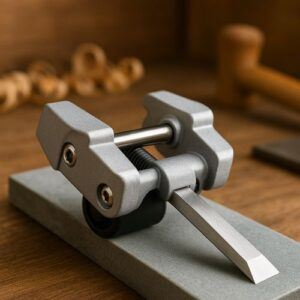 Aluminum ATLIN honing guide sharpening jig on a stone, showing clamp jaws and roller.