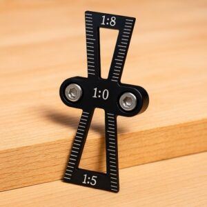 Close-up image of a black anodized aluminum dovetail marker with white slope markings resting on a light wood surface.