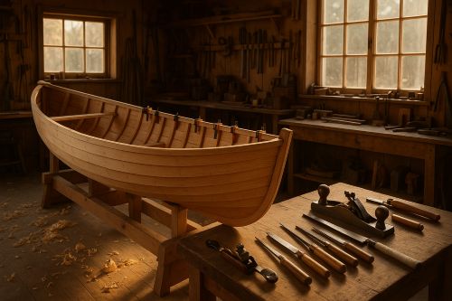 Half-built wooden rowboat on a strongback in a warm woodworking shop with hand tools and clamps