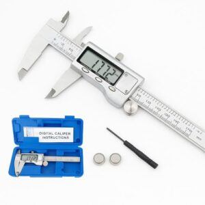 Stainless steel digital caliper with large LCD display, shown alongside its blue storage case, two button batteries, and a small screwdriver on a clean white background.