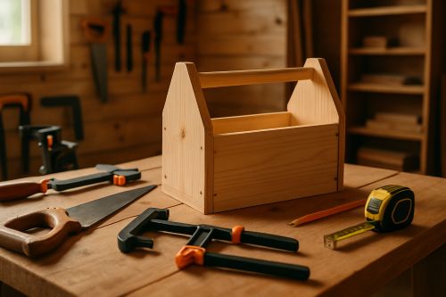 Wide hero image of a cozy home woodshop with a simple wooden toolbox project on a workbench surrounded by clamps, a hand saw, tape measure, and pencil in warm natural light.