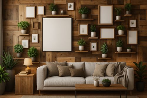 Modern living room with a custom wood accent wall featuring mixed plank patterns, floating shelves, framed décor, and potted plants behind a neutral sofa.
