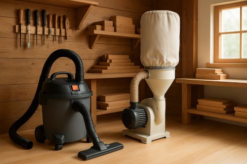 Small woodworking shop with a shop vac and compact dust collector side by side, warm natural light, wooden shelves and tools in the background.