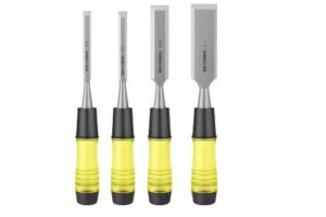Four HURRICANE wood chisels in 1/4", 1/2", 3/4", and 1" sizes with CR-V steel blades and yellow PVC handles on a white background.