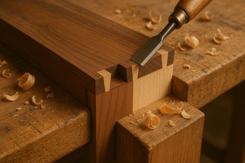 Close-up of a half-blind dovetail joint being cut by hand, with a chisel at the socket, contrasting walnut and lighter wood, soft window light, and wood shavings on a sturdy bench.