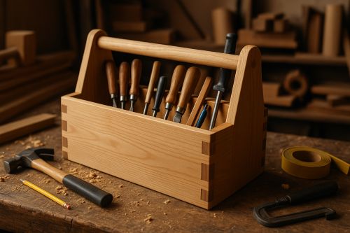 A handcrafted wooden toolbox filled with chisels sitting on a rustic workbench in a warm, natural-light woodworking shop.