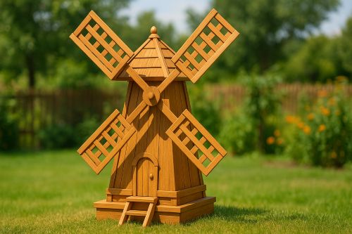 wooden handcrafted windmill standing in a backyard garden with green grass and trees in the background