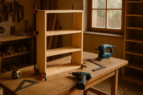Simple wooden three-shelf bookcase being assembled on a workbench in a warm, realistic woodworking shop, with clamps, tools, and soft morning light.