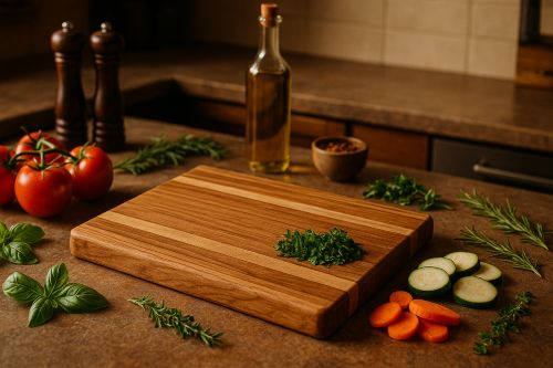 Finished wooden cutting board with fresh vegetables on a warm, rustic kitchen countertop.