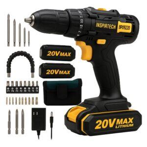 INSPIRITECH 20V cordless drill kit with two batteries, charger, bits, and tool bag.
