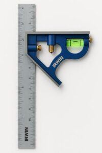 IRWIN 12-inch combination square with stainless steel ruler and blue cast-metal head featuring a level vial and brass adjustment screws on a white background.