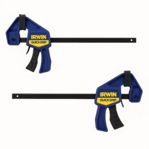 Two IRWIN Quick-Grip 6-inch mini bar clamps on a white background, showing the blue-and-yellow bodies, black steel bars, and one-handed trigger handles.