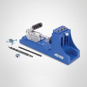 Kreg K4 Pocket Hole Jig system with drill guide, clamp mechanism, drill bit, driver bit, and accessories on a light gray background.
