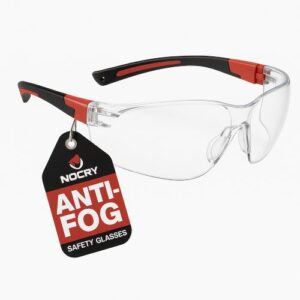 Clear NoCry safety glasses with black and red temples and an anti-fog tag, shown on a white background.