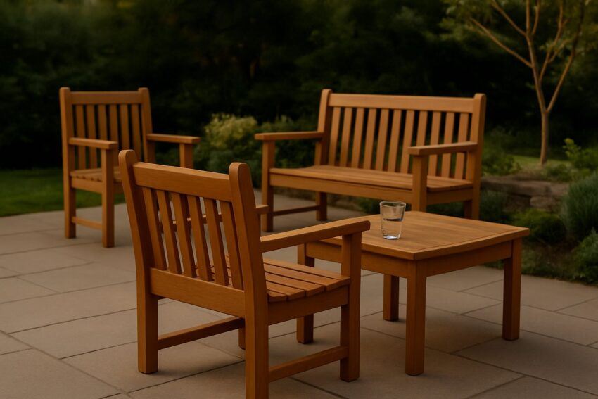 Warm outdoor patio scene with wooden chairs, a wooden table, and lush greenery in the background, photographed in soft late-afternoon light.