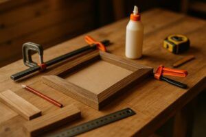 Wooden picture frame being assembled on a workshop bench, with scrap wood pieces, clamps, wood glue, a pencil, and a measuring ruler in warm natural lighting.