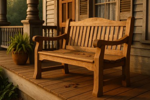 Rustic wooden bench with curved armrests and slatted backrest sitting on a sunlit porch at golden hour.