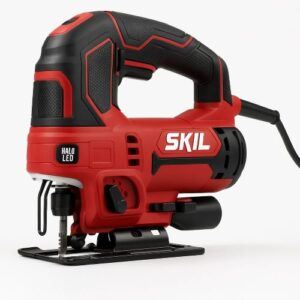 Red SKIL 6-amp corded jigsaw on a white background showing the handle grip, HALO LED light, base plate, and blade assembly.