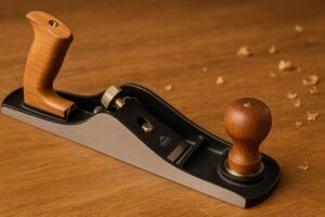 Stanley No.62 low angle jack plane resting on a wooden workbench with cherry handles and scattered wood shavings