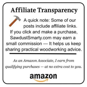 SawdustSmarty affiliate transparency notice with hammer icon, explaining that the site may earn small commissions from Amazon affiliate links at no extra cost to the reader.