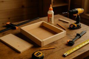 Close-up of a wooden serving tray being assembled on a workbench, with pine tray pieces, clamps, wood glue, a drill, pencils, and measuring tools in warm natural workshop lighting.