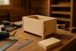 Close-up of a small wooden planter box being assembled on a workshop bench, surrounded by clamps, a drill, pencils, rulers, sandpaper, and pine boards in warm natural lighting.