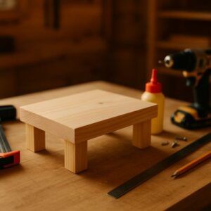 Close-up of a small wooden riser being assembled on a workshop bench, with pine legs attached to a flat top board, surrounded by clamps, wood glue, screws, a drill, ruler, and pencil in warm natural lighting.
