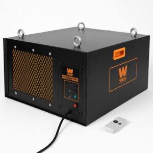 Black WEN AF1270 industrial air filtration system with orange accents, ceiling-mount rings, front filter panel, and remote control shown on a clean white background.