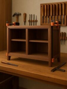 Partially assembled walnut display case on a woodworking bench, secured with clamps and surrounded by chisels and tools
