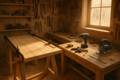 Wooden tabletop boards clamped on sawhorses in a warm, clean woodworking workshop
