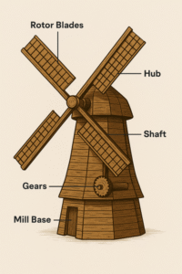 Labeled diagram of a traditional wooden windmill showing blades, hub, shaft, gears, and base.