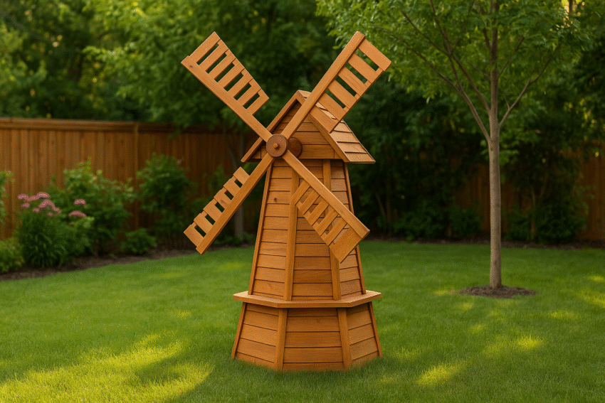 Decorative wooden windmill standing on a green lawn in a backyard garden, surrounded by trees and a wooden fence.