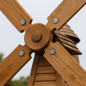 Close-up of wooden windmill rotor blades attached to a central hub.