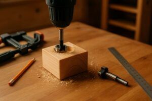 Close-up of a wooden block being drilled with a Forstner bit on a workbench, surrounded by sawdust, clamps, a pencil, and a ruler in warm natural workshop lighting.