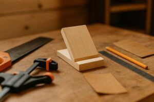 Close-up of a simple wooden phone stand on a workshop bench, surrounded by a handsaw, clamp, ruler, pencil, and sandpaper in warm natural lighting.