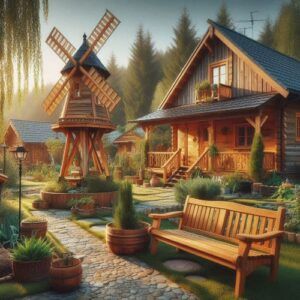 Decorative wooden windmill standing in a backyard garden.